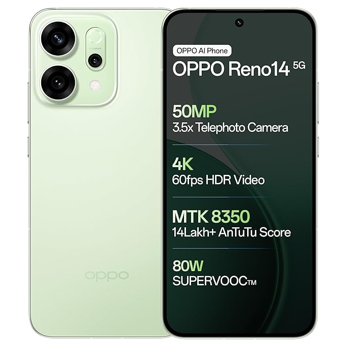 OPPO Reno14 5G (Forest Green, 12GB RAM, 512GB Storage) with No Cost EMI/Additional Exchange Offers